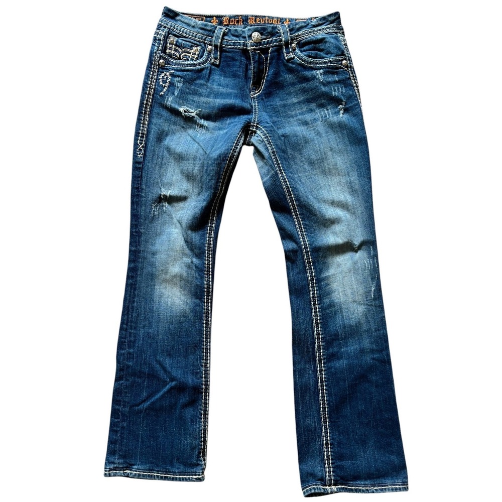 Rock‎ Revival Womens Bootcut Jeans Medium Wash Fleur De Lis Embroidered Size 27